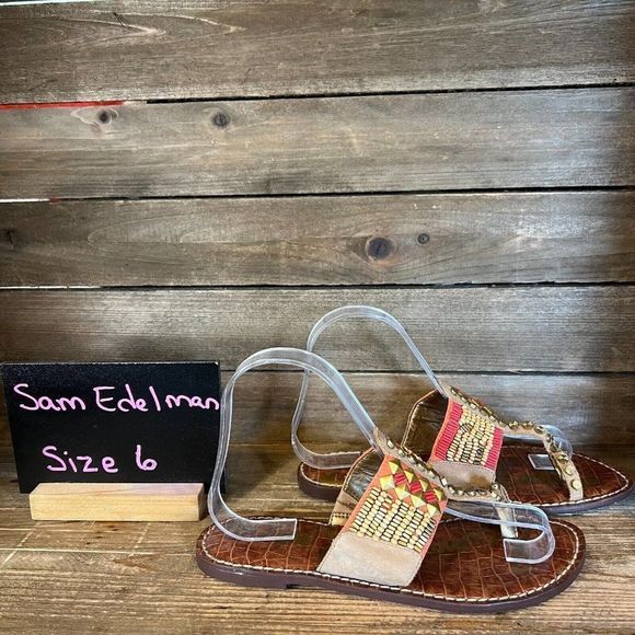 Womens Sam Edelman Gideon Brown Beaded Suede Leather Sandals Shoes Size 6 M GUC - Picture 1 of 6